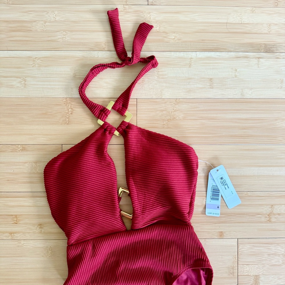 🍷ANNE COLE Studio Oh My Goddess One Piece Red Gold Halter Swimsuit - Picture 6 of 9
